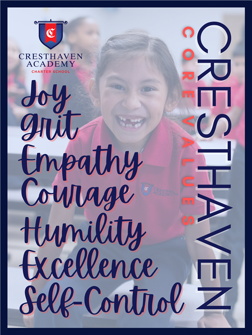 Cresthaven Core Values: Joy, Grit, Empathy, Courage, Humility, Excellence, Self-Control with smiling child in background